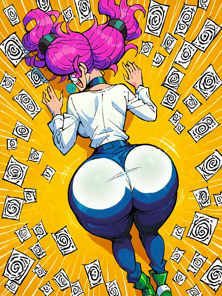 Obese women Turn your ass towards me Latex pants with holes Colorful tattoo on the butt Colorful graffiti on the wall Light Blue Latex tunnel