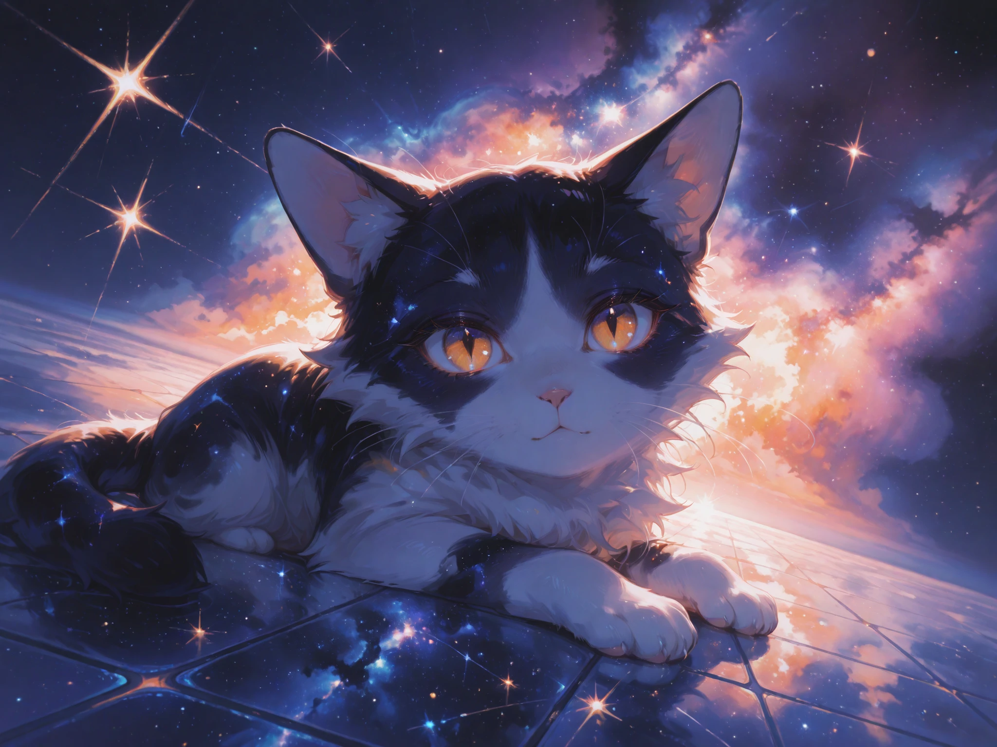 masterpiece, top quality, amazing quality from bottom left diagonally, minis majestic cat, similar to a nebula, is staring quietly from inside a cosmic tapestry。. fur, similar to a nebula, has a deep blue color and、, blend seamlessly into the surrounding expanse of the sky。, bright star spots are scattered on the fur、, creates a mystical appearance、. bright orange and purple hues swirl around the cat、, A, bright stars shine above their heads。, and emits soft light . cat eyes are impressive gold。, reflects mystical intelligence and serenity、. beards are drawn with delicate and clear details, and、, x} It emphasizes the artistry of this celestial encounter。. The background is vast, Starry sky, suggests infinity and mystery。, creates a dreamy atmosphere、. the fusion of cat elegance and space phenomena、suggests the theme of loneliness。, Mysterism , and, captures the viewer's imagination with its enchanting beauty、.tiles, very elaborate,