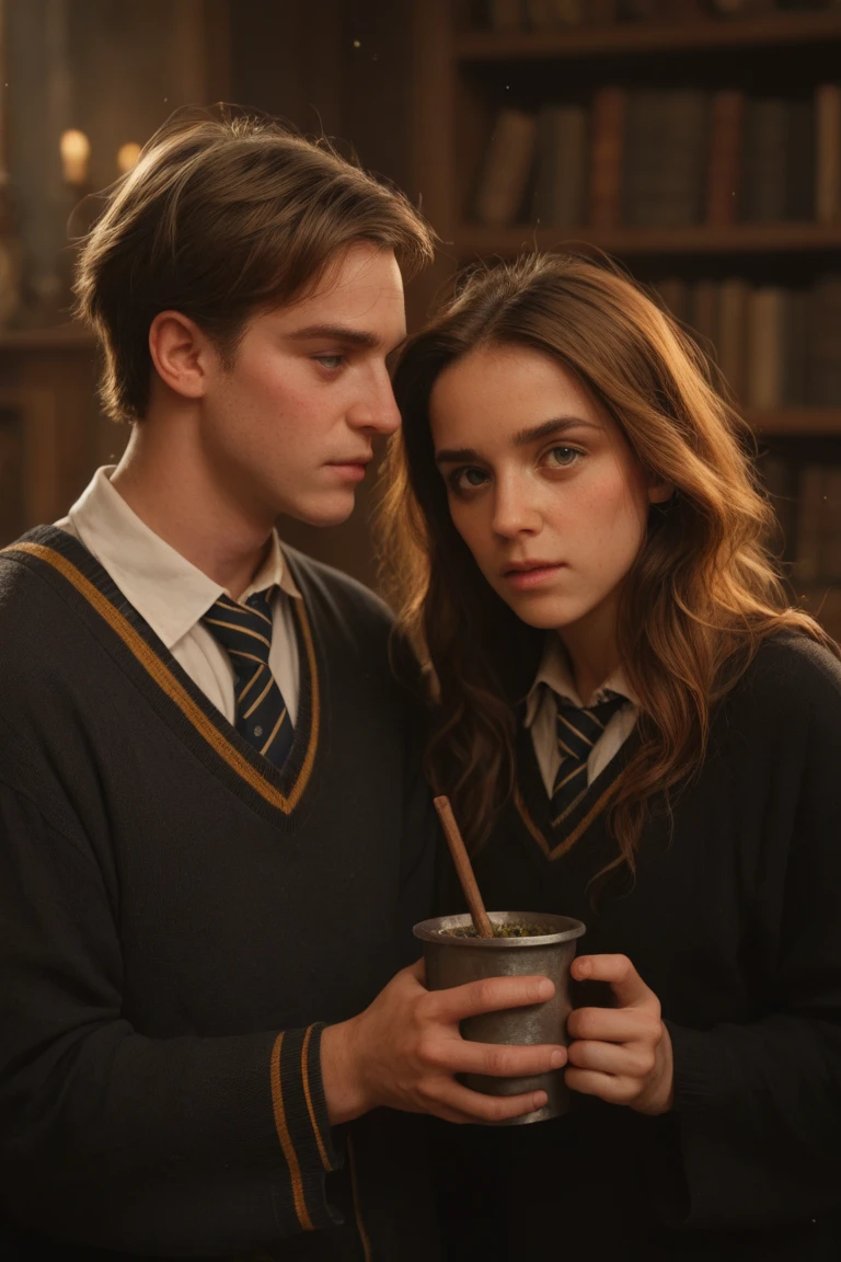 Kiss of Hermione and Harry Potter, Hogwarts library