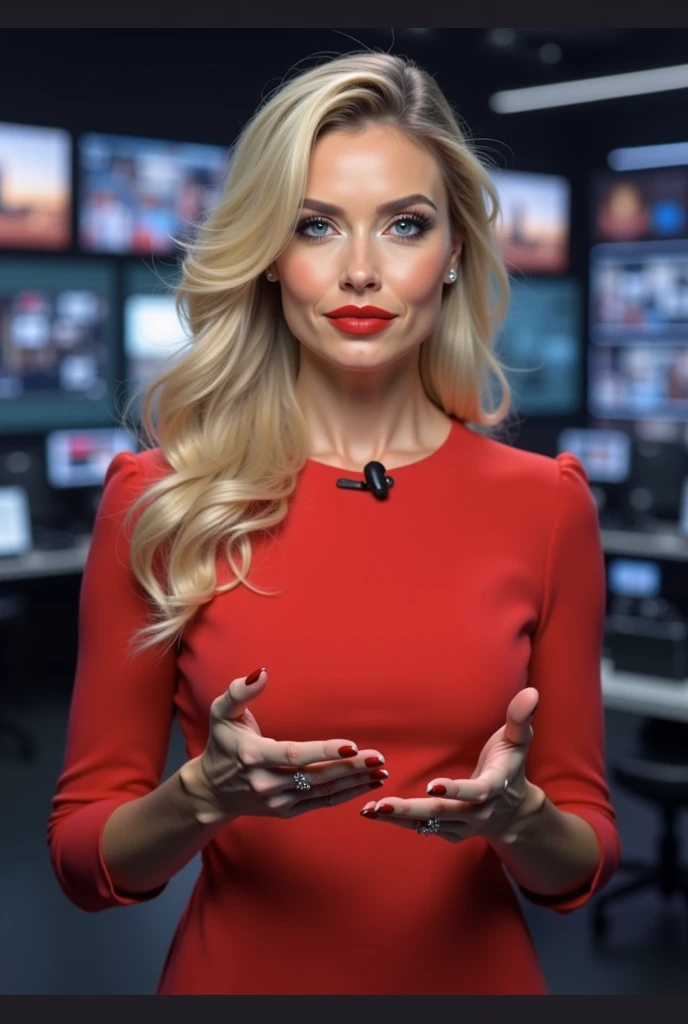 A beutiful blonde Australian news anchor  wi5h red lipstick , wearing a red dress in a news room presenting the news