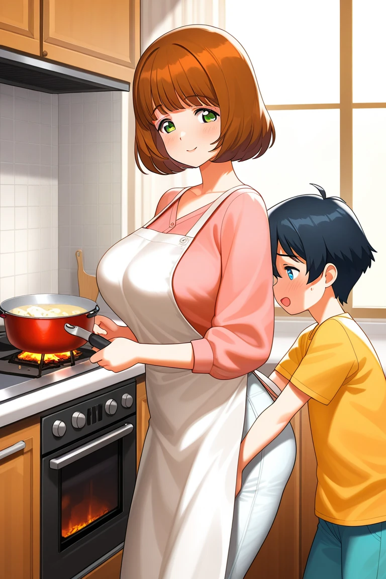 black bra ys, annoyed, flushed, cum her body, she is chubby, green t-shirt, black bra, Red hair, short hair, in a kitchen, very big brs grabbing tissues with his right hand from a tissue box., her young son is behind her, el hijo tiene Red hair, the son has glasses, the son is wearing a lab coat.