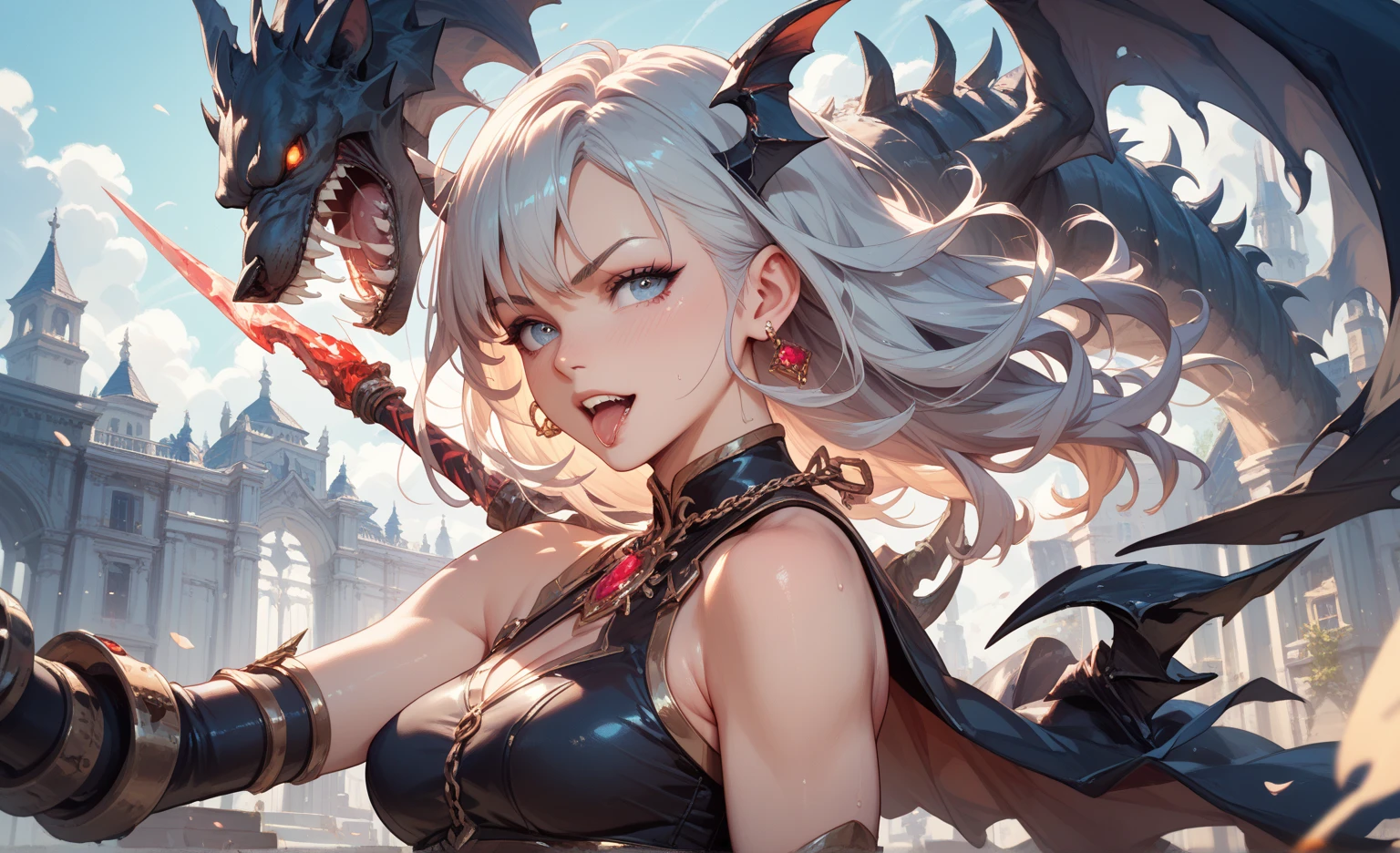 Beautifulfemale, 1girl, 17 years old, teenager, golden lining, short white hair, sharp eyes, dark black eyes, devil may cry, close up, calm expression, stoic, black leather clothes, black gloves, blue linings, crossed arms, upper body, looking at viewer, cowboy shot, black dragon background