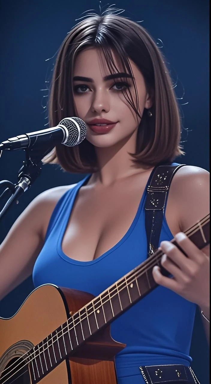 Lucy Pinder, ((VERY INTENSE MAKEUP)), voluptuous, smiling, neckline, (Adele), sexy dress, brown hair, ponytail, black crop top, blue jeans, singing, playing guitar.
