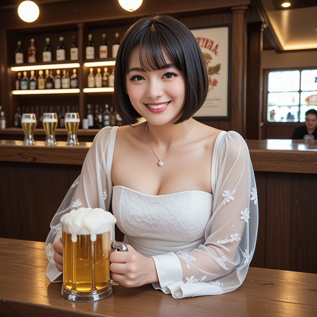 mature attractive woman、manager、((Chubby))、Mini tight skirt、white shirt、cleavage、BAR、Beer、Being drunk、seducing、masterpiece、highest quality