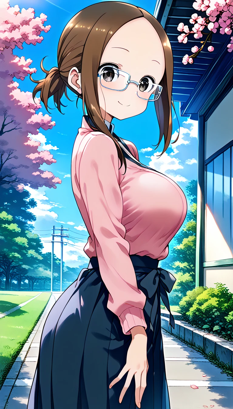 highest quality, High resolution,Anime Screen Capture, SF、three women、(green eyes,((Light pink sci-fi suit、pink armor、striped bikini、mini skirt、obesity))、(wide hips、wide ass)、nurse cap、belt、thigh boots ,(huge breasts:1.2), blush, (embarrassing), :d, Dark brown hair in a ponytail、(((put your hand on your chest)))、(Are standing)、((red rim glasses))、)city