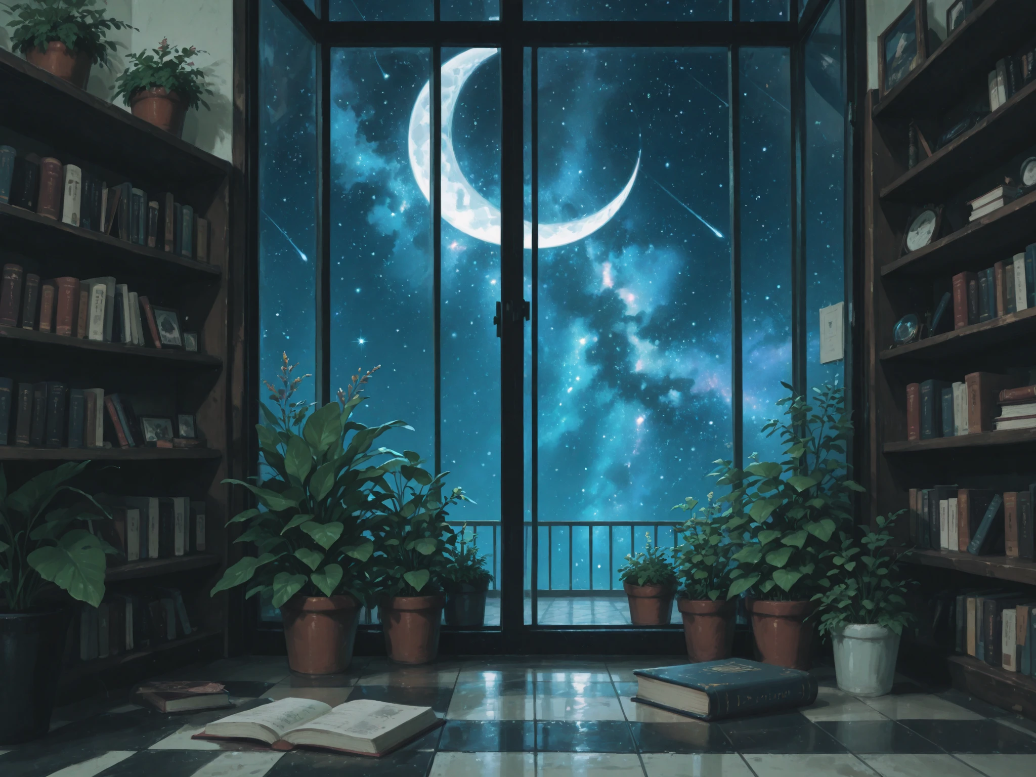 Adds an air of mystery and tranquility to the space, Magical Library. You can see the starry sky, well-worn books, There are lots of 、setting. A whimsical and enchanting eerie scene exudes a playful warmth to this cozy, rich, 緑richオアシス. Reminiscent of the works of, Large, It exudes charm and nostalgia, On the shelves are colorful. The folds of the illustrations spill over the shelves and onto the floorSucculents and flowering plants, A lovely book emitting a gentle light that complements the deep blues and greens adorning the walls and ceiling {x} Perfect for cozy evenings spent in. Through the glass doors, とLarge, The crescent moon shines brightly, Curious eyes lounge comfortably on the tiled floor. The atmosphere is cozy and serene , 緑richブドウの木から吊るされた丸い球根が部屋を優しく照らし、Inspires wonder and imagination.