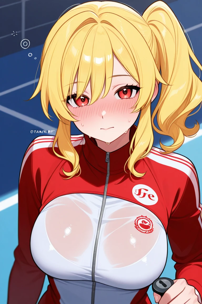 Masterpiece,Highest quality,8k,Ultra-high resolution,appropriate margins,Perfect hands,Perfect Fingers,Perfect human body,Perfect Eyes,((Cowboy Shot)),BREAK,Bright expression,(1 person),(The most beautiful mature women),Slim body,((Transcendently large breasts)),Moisturized Skin,Fair skin,BREAK,(Yellow Hair),Long Hair,ponytail,Thin eyebrows,BREAK,Black eyes,Light in the eyes,BREAK,BREAK,((sexy)),((Track and field uniform)),BREAK,Eyes meet,Bright expression