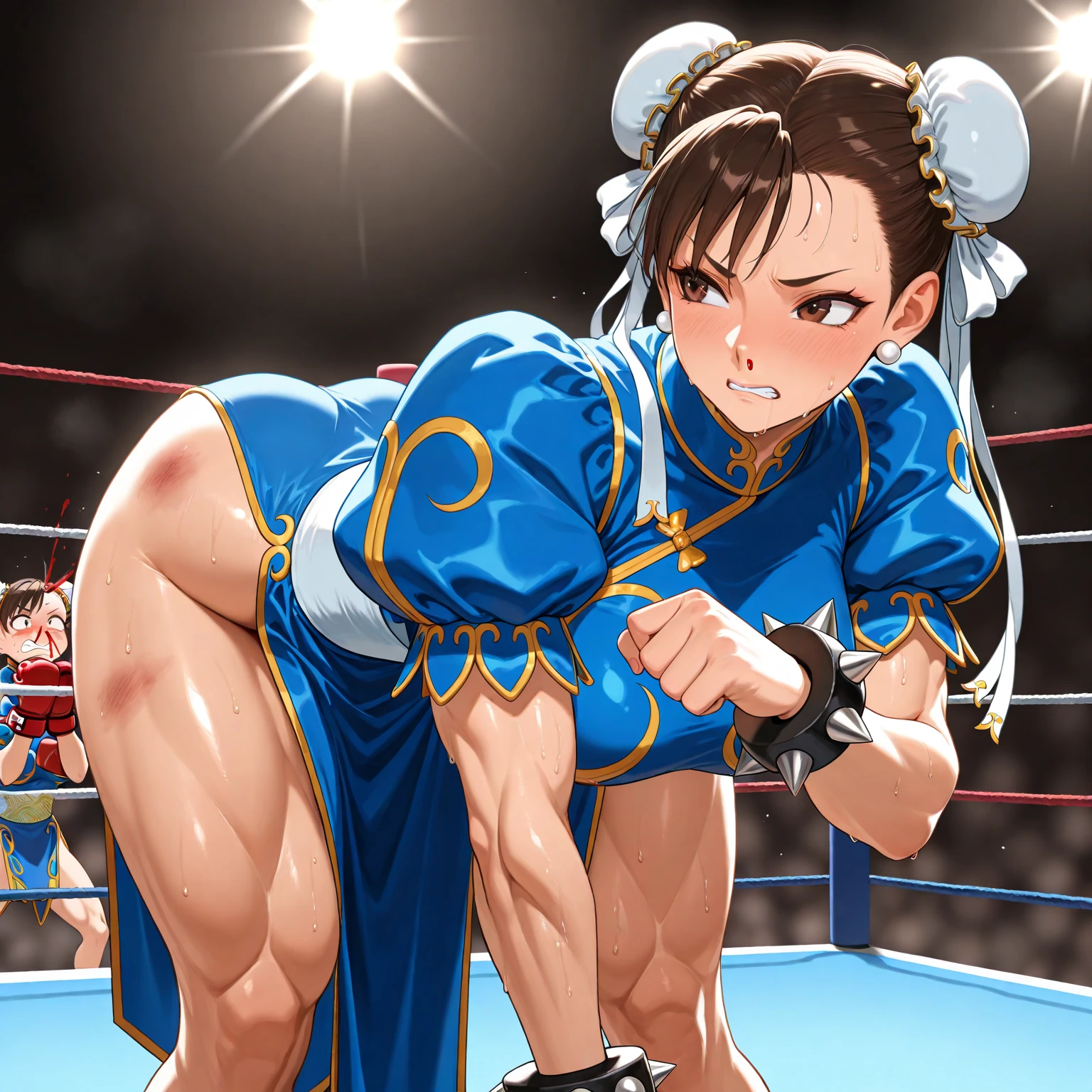 a close up of two women boxing in a ring with a light, fight pose, boxing match, posing for a fight intricate, chun li at the gym, in a fighting pose, fighting pose, cutesexyrobutts, commission for high res, chun - li, by Daryush Shokof, chun-li, chun li, posing for a fight