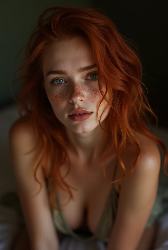 (8k, RAW photo, highest quality),(epic realistic:1.5), a girl, dynamic posture,erotic face,shirt,(detailed eyes:0.8), (highest quality), (best shadow),intricate details,cinematic,((skin:1.4)),interior, (long ponytail ginger hair:1.3),dark studio,(hdr:1.5),detailed, muted colors, frecklesTop quality, (bright lighting: 0.7), masterpiece, RAW photo (pale 20-year-old woman, looking down at the viewer), cute, (undressed, disheveled, with curly ginger matted hair), (sitting), full-length portrait, perfect face, captivating eyes, bright details, pouting lips, (high skin detail), freckles, medium breasts, hard nipples, NSFW (blue tint: 0.6), (dirty: 0.8), (bloody: 0.7), Key lighting, (backlight: 0.5), medium depth of field, Canon 5D, 50mm lens, f/4 aperture, (ultra-detailed, complex detail), sharp focus, 8k, absurd, 8mm film grain,flirting with camera