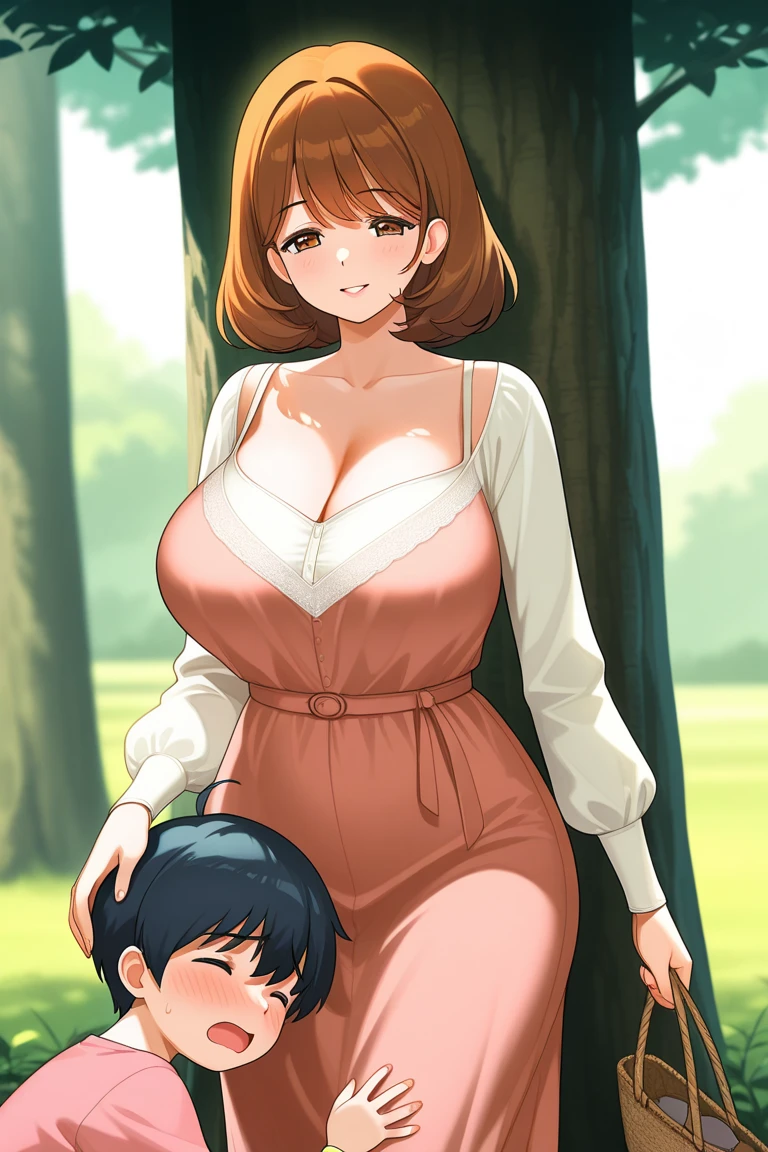 masterpiece, highest quality, High resolution, 1girl, 1fat-boy, short hair, etsukoto, Detailed eyes, Detailed eyes, (((thick thighs, plamp thighs, voluptuous thighs, ample thighs))), Big and ample breasts, cleavage, Huge long breasts, Naughty big,((Big breasts are important))、((Naughty thighs)), L Cup, (thin:1.4),(Thin waist:1.4), (Perfect beautiful yellow dress:1.4), ((White waist apron)), Embarrassed look, look away, (((simple background))), white panty, ((wide hips)), Shiny oily skin, Mature mother, Calf, Seductive mature woman, Perfect body, flesy, Plus Size Model, etsukoto, blush, clavicle, retro artstyle, 1990s (style), ((((Sexual intercourse, porn image, hard porn)))), naked,
