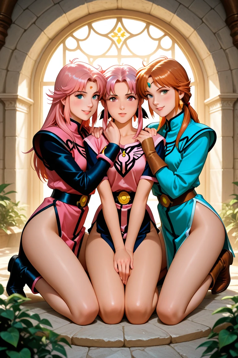 An image of four heavenly magical girls, estilo star guardians, muito lindas, muito bonitas, muito atraentes, como cabelos bonitos e coloridos, rostos detalhados e perfeitos, Detailed and perfect hands, roupas coloridas e bonitas, Artstation Trend, esquema de cores legal, semi-realismo, em uma escola japonesa a noite cercada por monstros, magical girl clothes, magical girl clothes in puella magica style, sailor moon, star guardians do league of legends, quatro amigas, meninas amigas juntas, felizes  voando, big breasts, cleavage, open shirt, tight bikini