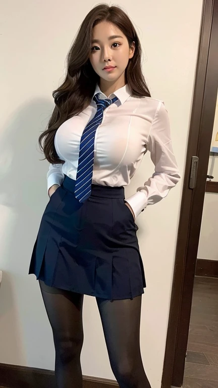 Japan girls, girls in their twenties, wavy little long hair, black hair, brown eyes, perfect figure, transparency, luster, luster, modest breasts, thin waist, school uniform, navy blue tie, navy blue skirt, light blue shirt, pink underwear, gravure idol, sea, cleavage, rain,