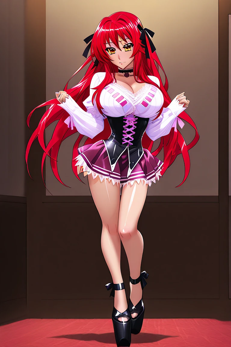 LunariaVTXL, pink eyes, red hair, bangs, sidelocks, long hair, twintails, animal ears, hairband, large breasts, (red jacket:1.2), cleavage, corset, spiked bracelet, single elbow gloves, right arm elbow gloves, striped elbow gloves, pink fingerless gloves, red skirt, belt, garter straps, fishnet thighhighs, black thighhighs, boots, solo, standing, looking at viewer, indoors