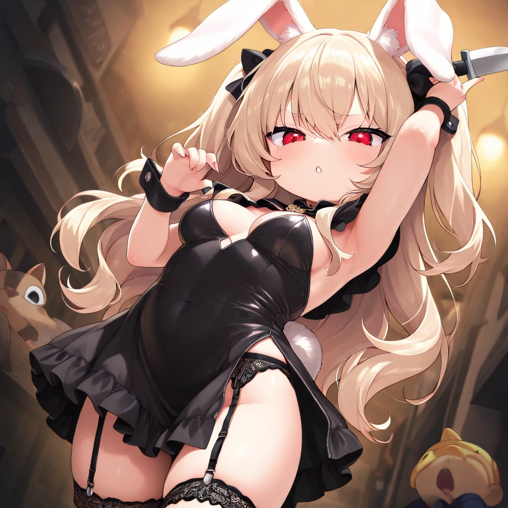 1girl, evil neuro-sama, (yuzu modoki), red eyes, light brown hair, ahoge, two side up, hair ribbon, dark red ribbon, heart hair ornament, (masterpiece, best quality), highly detailed, finely detailed, indoors, playboy bunny, rabbit ears, rabbit tail, detached collar, bowtie, wrist cuffs, leotard, cowboy shot, looking at viewer, tongue out, open mouth, from behind, looking back, looking at viewer, back, back focus,