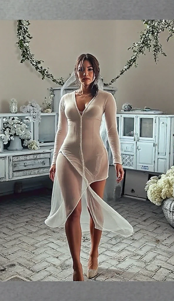 Female, no bra, big tis, full body,transparent long wrap dress, no slip, 
Standing