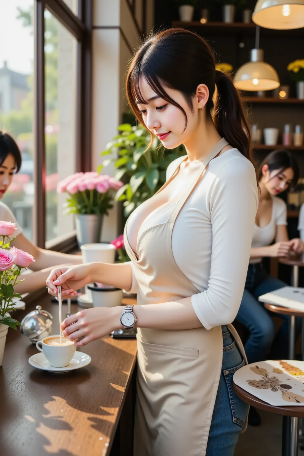 1 Japanese woman per image, Pretty woman highlighting her slender abs :1.3, (random hairstyles, huge breasts: 1.2), Ash color sexy bra, Check Pleated Skirt, cafe restaurant background, look at camera, Coffee serving situation