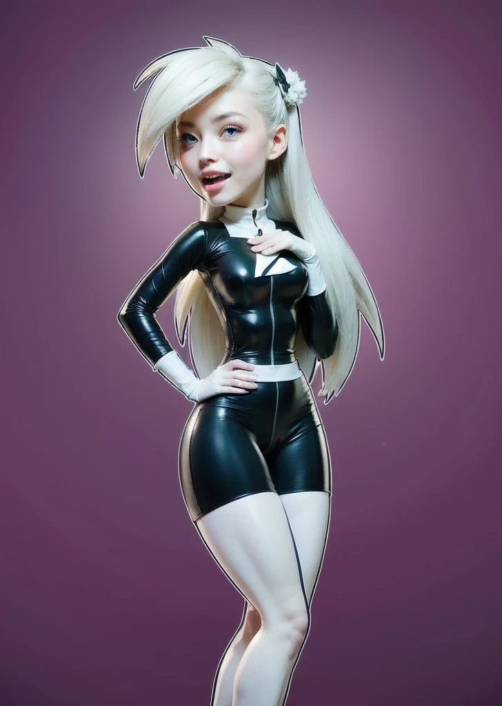A Roblox character
female, has white hair with two pigtails, black fitted blouse, black pants with white stripes 
