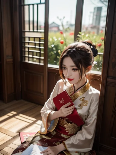 best quality, masterpiece, highres, 1girl,Beautiful face,chinese clothes,white Taoist robes,in room,drinking tea,incense burner,bookcase,oil lamp,Warm light