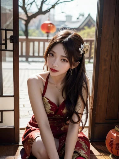 Best quality, Ultra-high resolution, Face Focus(truly:1.6),1 Girl, Beautiful Girl,,Chinese Girl, Elegant girl,Classical girl,Black hair,Hairstyle,(Medium breasts:1.4), Hanfu,魏晋Hanfu:1.1, Red clothes,Loose,panoramic,whole body,Rooftop(Depth of Field:16),Hair forks,Hairpin,earrings,Rooftop,Red sunset,Ultra-thin face,Exquisite eyes,Double eyelids,Smile,whole body,Standing,Long legs,Elegant Movement,For the audience