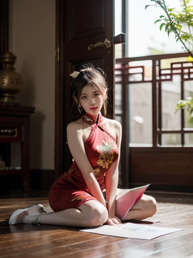ulzzang -6500-v1.1, (Raw photo:1.2), (Photorealistic:1.4), Beautiful detailed girl, Very detailed eyes and face, Beautiful detailed eyes, Ridiculous, Incredibly ridiculous, Huge file size, super detailed, High resolution, Very detailed, Best Quality, masutepiece, ((Cheongsam)), Illustration, Very detailed, nffsw, unified, 8K Wallpaper, amazing, Fine detail, masutepiece, Best Quality, Highly detailed ticker unification 8k wallpaper, Face Light, Movie Lighting, 1girl in, 16 years old, ((super detailed)), ((Dynamic Pose))), (Camel toe), (half),  (bent knees and legs sitting))