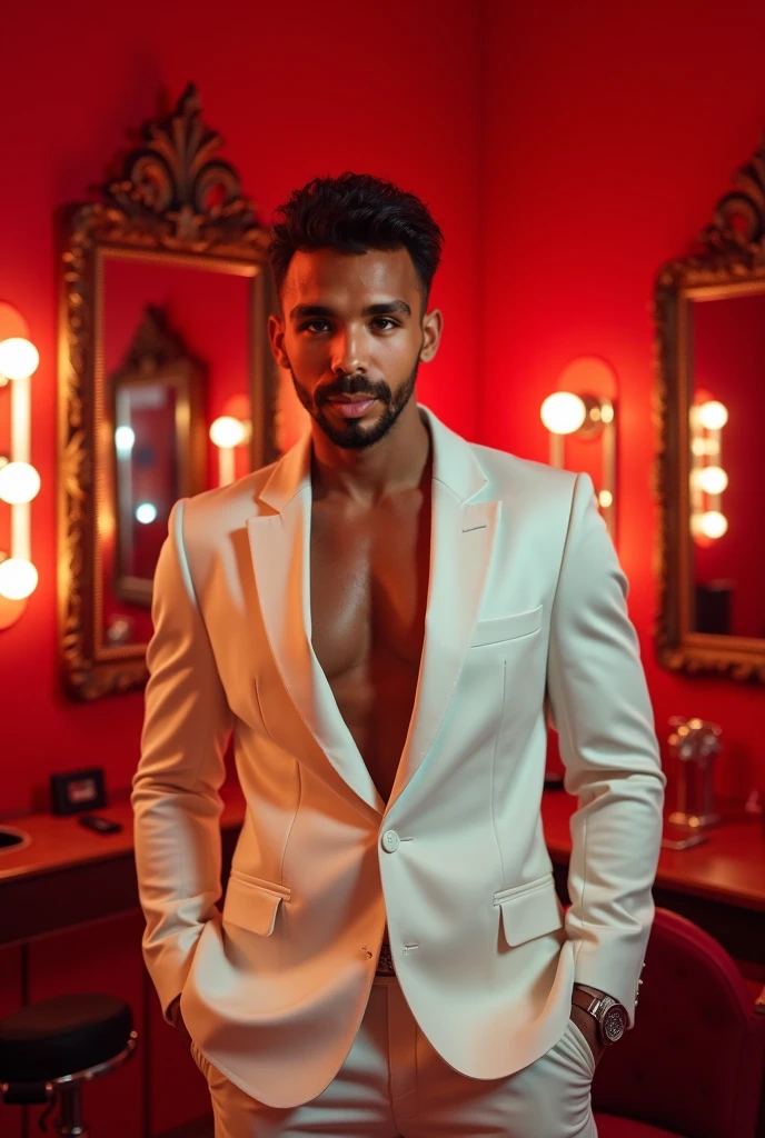 (best quality,highres:1.2),(realistic),(vivid colors),(studio lighting),(bokeh:0.9)A hot male Latin popstar with a mesmerizing stage presence and captivating dance moves, his thick, well-groomed beard adding a touch of rugged charm to his handsome face. His perfectly sculpted physique is accentuated by his juicy pecs that glisten under the spotlight, drawing attention from all angles. He exudes confidence and sexiness in his red sparkly revealing attire, which adds an extra element of glamour to his electrifying performance. The stage is set in a sold-out arena, packed with thousands of adoring fans, who are cheering and screaming his name as they get lost in the euphoria of his music. The atmosphere is alive with energy, as vibrant lights illuminate the venue, creating a mesmerizing display of colors and shadows. The artist basks in the surreal ambiance, commanding the stage with his powerful vocals and captivating dance routines. This unforgettable moment captures the essence of a Latin popstar's allure, leaving the audience in awe and craving for more.
