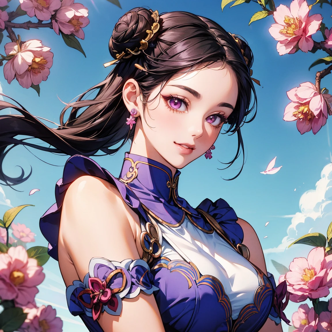 masterpiece, best quality, high quality, High definition, High quality texture, High quality shadow, high detail, Cinematic Light, sidelighting, Ray tracing, sharp focus, gundam,(background:Garden),1 girl, mature woman, chinese style, ancient china, sister, dancer, dark brown hair, dark hair, princess cut, a Fried Dough Twists braid, coiled hair, double ball head,Coiled hair,streamers, light pink lips, calm, intellectual,red eyes, tassels, silver thread, beads,peony flowers, gowns, capes, silk skirts, embroidery, fine face, facial close-up,Light-colored clothes,Beautiful face,photorealistic, rim lighting