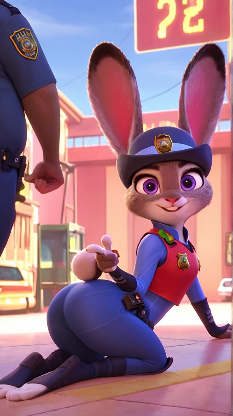 [Judy hopps], [zootopia], ((HD)), ((high res)), ((solo portrait)), ((feet visible)), ((furry; anthro)), ((masterpiece)), ((movie accurate)), ((detailed fur)), {anthro; (slim figure), black nose, cute purple eyes, (long eyelashes), (fluffy tail),(big bunny ears), (sharp black nails), (curvy hips), (big butt), (pink pussy), (beautiful legs), (beautiful feet), (blushing), (cute excited grin)}, {(no shirt), (no panties), (pants down), (detailed butt hole), (gaping),(big anal gape), (pink butt hole)}, { (squatting), (back shot)}, [background; (dark alley)]
