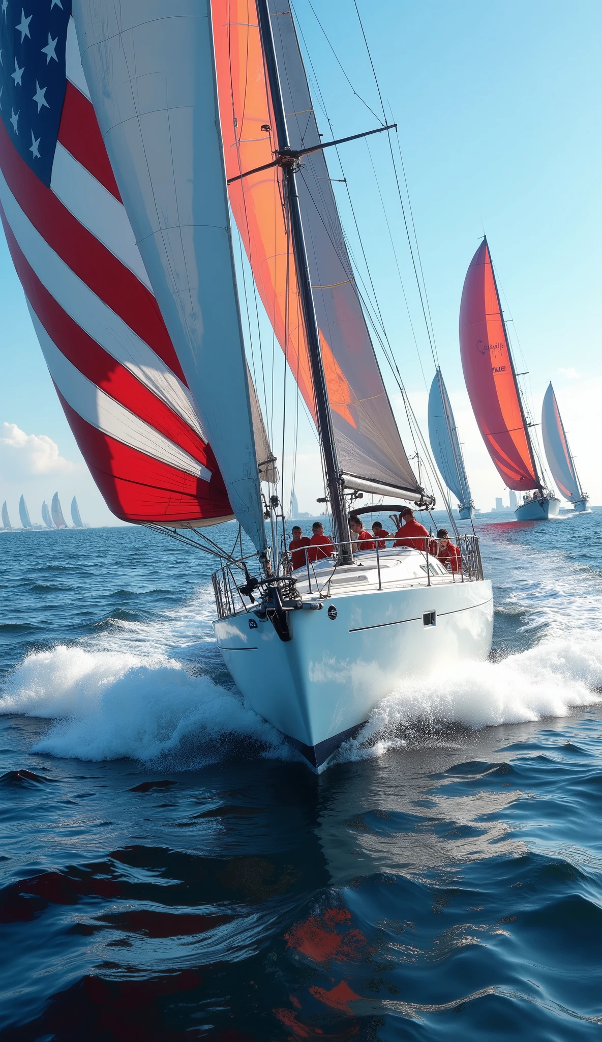 highdefinition images、Picture of a yacht race、a white yacht with American flag sails running ahead、colorful yachts are chasing after it。