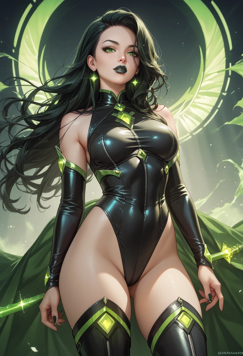 1girl, hyper-beautiful, hyper-realistic, long wavy jet black hair, perfect features, glowing green eyes, seductive smile, large breasts, lacy black lingerie, perfect beauty, perfect smile, dark cosmic background, stunning distant galaxies, nebulae, meteors, many, many stars