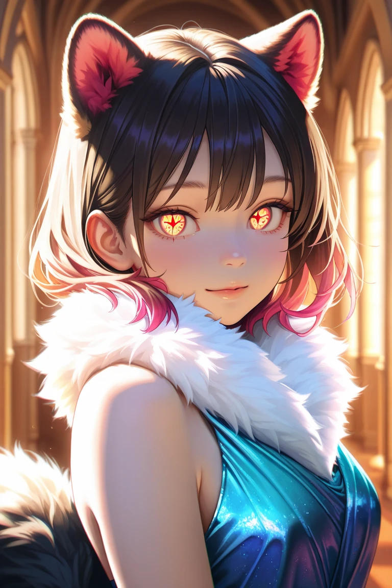 8K, RAW, best quality, masterpiece, ultra high res, colorful, portrait, (medium wide shot), (dynamic perspective), sharp focus , (depth of field, bokeh:1.3), extremely detailed eyes and face, beautiful detailed eyes, 
[best quality, shaded, extreme detail, highly detailed, ultra detailed, complex, realistic, perfect anatomy, full view], furry, wolf woman, fluffy fur and hair, colorful fur, fluffy tail, fur glove, fur vest , navel, short skirt, fur pencil skirt, fur tights, fur shoes,