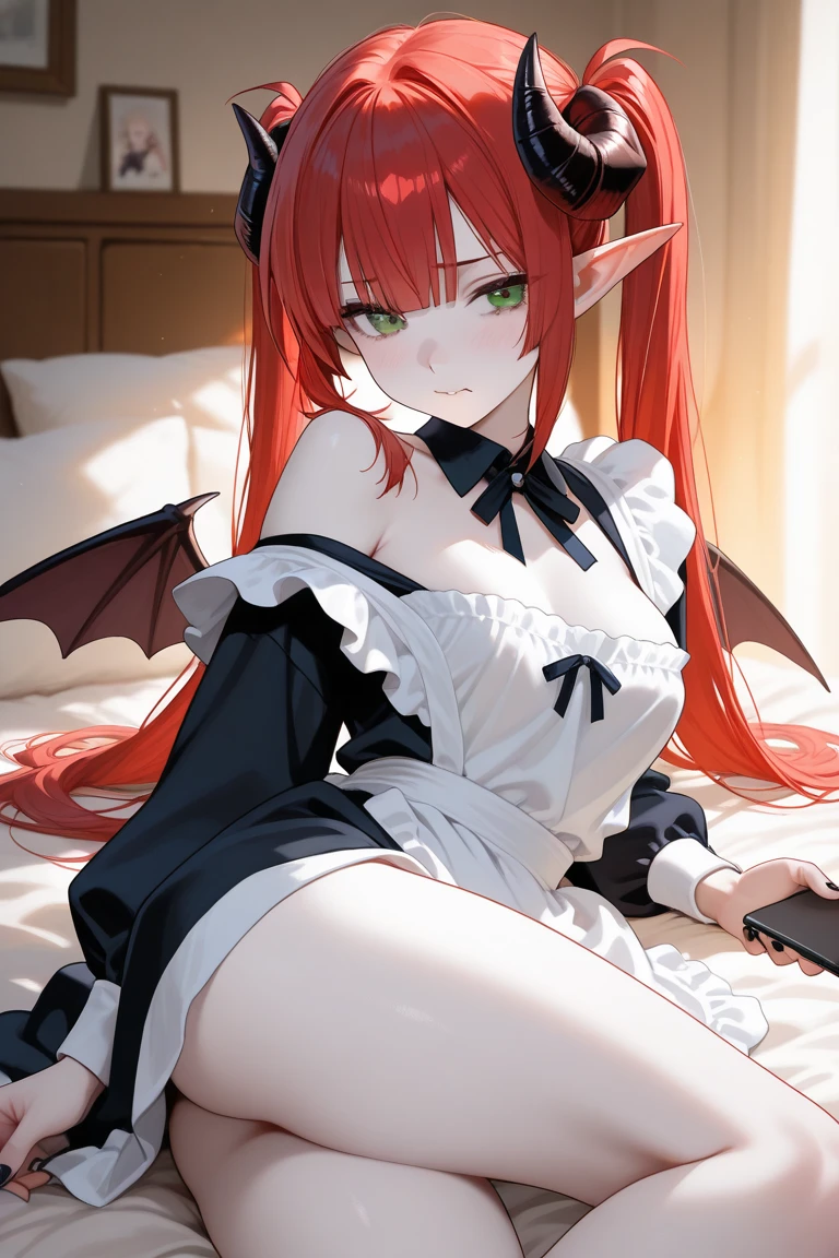 masterpiece, best quality, highres, kitagawa marin, 1girl, red hair, two side up, long hair, green eyes, pointy ears, demon horns, navel, demon tail, demon wings, crop top, long sleeves, frilled shirt collar, frilled panties sitting, panty shot, train interior,