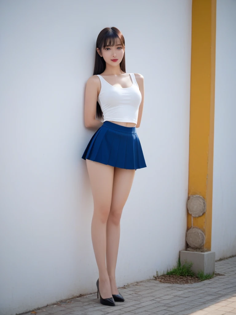 A 16-year-old Japanese girl is standing smiling in a high ,((Big Breasts));1.3,cleavage,Full body photo:1.2,8K,RAW Photos,Highest quality,masterpiece,realistic,Photorealism:1.37,(Best Shadow),??????,sexy,highres,Physically Based Rendering,Cinema Lighting,Raw photo,Realism,Realistic photos,Sharp focus:1.2,Full body photo:19,The whole body is visible:19,A 16-year-old high school girl in a navy blue uniform standing by a lake:1.7,Beautiful woman with perfect style:1.3,Beautiful legs:1.3,alone,slender:12,(Flowing black and very long hair):1.4,Smile slightly:12,Black shoes:1.4,Highly detailed face and skin texture:1.2,Long black hair:1.7,Light on face,((Big Breasts:1.3)),View from the front:14,A strong wind is blowing from the left:1.7,Hair fluttering in the wind,