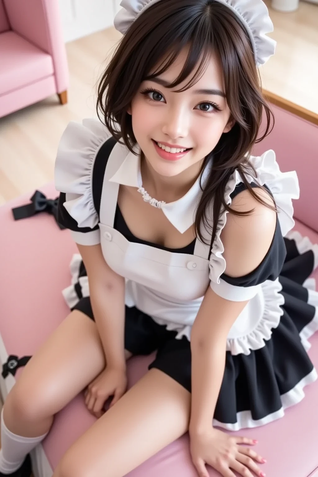 (A gorgeous lady with a timeless-elegance maid outfit, at Lou's Cafe, Hill Valley in AD1955, squatting on the ground. She has a friendly body language, dimpled cheeks, kind smile, positive vibes, cowboy_shot, (wet clothes:1.1), wearing high heels, red ribbon bow, short bob hair, squatting pose, masterpiece, bokeh night background,(best quality,4k,8k,highres,masterpiece:1.2),ultra-detailed,(realistic,photorealistic,photo-realistic:1.37),detailed facial features,beautiful detailed eyes,beautiful detailed lips,extremely detailed face,longeyelashes,maid uniform,maid cafe interior,studio lighting,vivid colors,warm lighting) #BTTF #DeLorean #TimeMachine