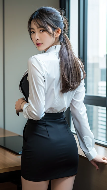 Tight mini skirt、garter belt、Knee-high stockings、An elegant, upper-class, elite secretary in a business shirt, Working in the office、厳格なbusiness suitを着用する, Wearing pantyhose、Wear high-quality high heels、 Girl in a shirt, business suitを着ている, business suitを着ている, business suitを着て, Businesswoman, Business attire, 黒のbusiness suitを着ている, Wear a shirt and skirt, business suitを着た女性, business suit, business attire, RAW Photos, (8k、highest quality、masterpiece:1.2)、(Intricate details:1.4)、(Photorealistic:1.4)、Octane Rendering、Complex 3D rendering with ultra-detail, Studio Soft Light, Rim Light, Vivid details, Super Detail, Realistic skin texture, Detailed aspect, Beautiful details in the eyes, Highly detailed CG Unity 16k wallpaper, compensate, (Detailed Background:1.2), Exposed thighs!!!,Sticking out her butt and looking back
