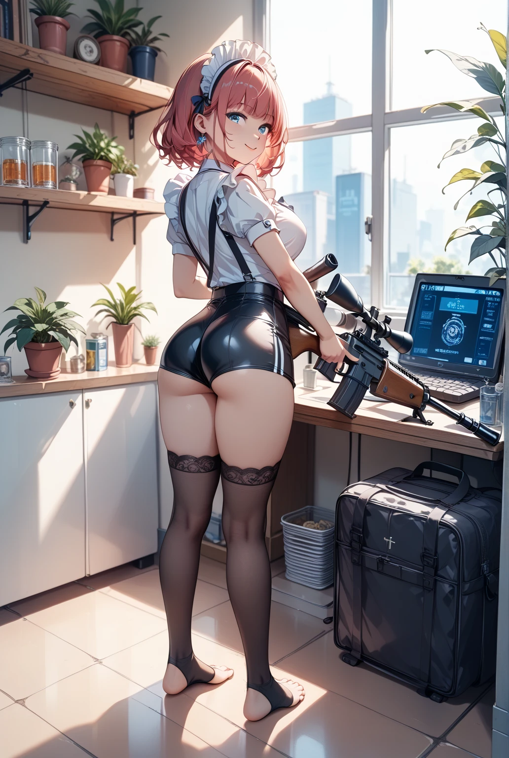 nsfw,Elite sniper takes aim at target, On the roof of a building, Lying down、Prone、Lying down、 (((Use a long range rifle))), Laser sight, holster, large amount of ammunition, Big Ass, Thick thighs, { Highly detailed 16K CG unit wallpaper}, Vast landscape photography, (A low perspective that focuses on the characters and the setting), (A broad perspective), (Low angle shot), (highlight: 1.5), (Low Light: 1.4), (Warm light source: 1.8), Intricate details, (Rainbow-colored: 1.5), (Bright lighting), (Atmospheric lighting), dream-like, beautiful, action、((Lace thong:1.5))、Camouflage tank top、Huge Ass、((Overflowing Sex Fluids:1.5、Purple half-up))