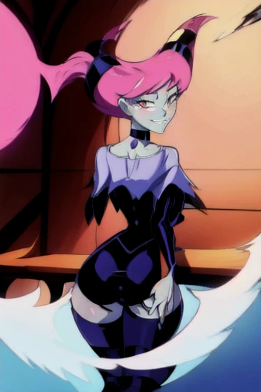 JinxTT, gray skin, solo, standing,1girl, smiling, purple capelet, choker, completely nude, pussy, wide hips, baggy sleeves, black detached sleeves, striped thighhighs