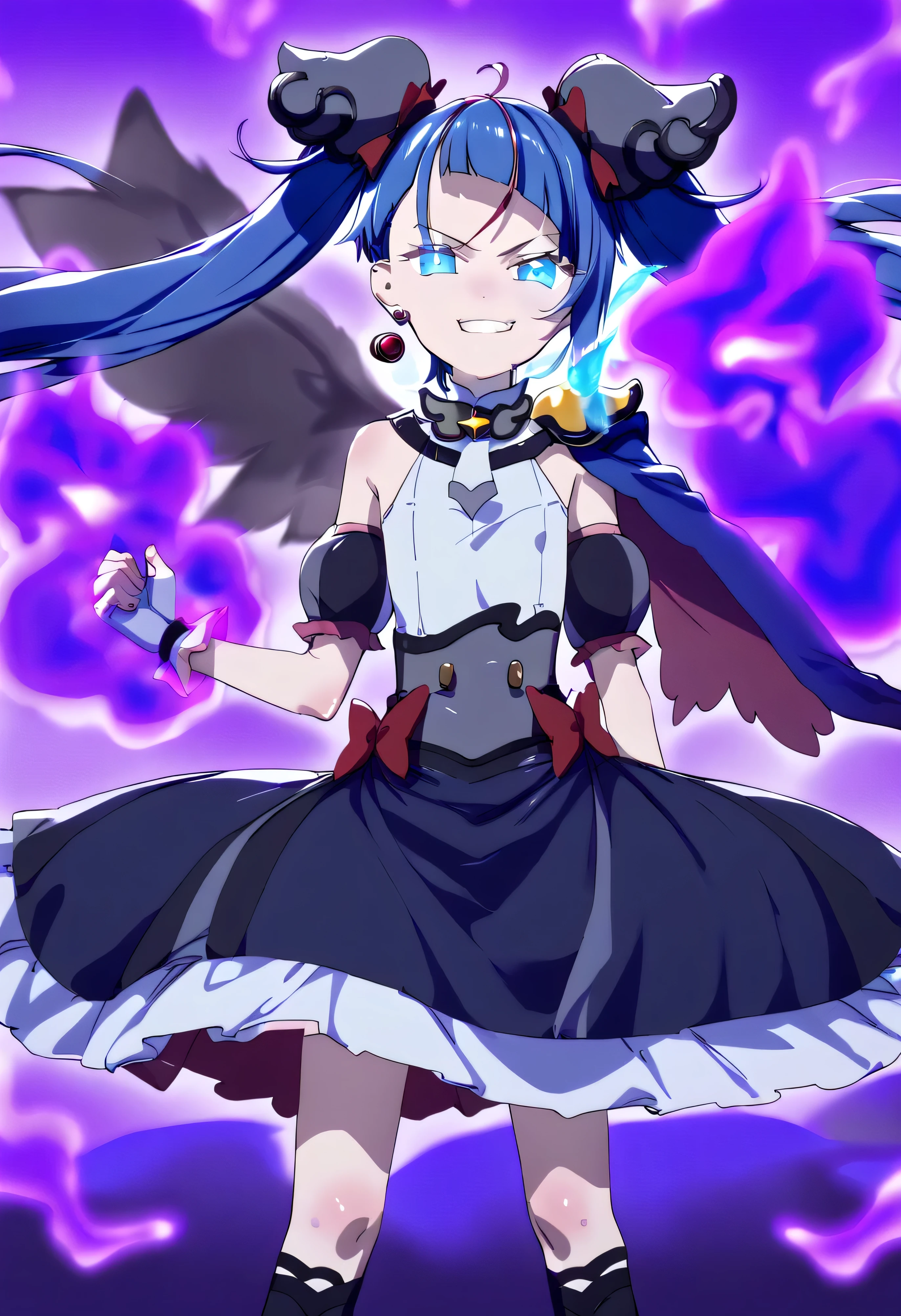score_9, score_8_up, score_7_up, rating_explicit, Best Quality, masterpiece, uncensored,
source_anime, Official Art, OFFICIAL STYLE, anime screencap, anime coloring
BREAK
curesky-dark, Flat chest,
Broken Hair Ornament , earrings,
brooch,
Grey Dress, puff sleeve,
Single Wings, Bare shoulders,
spike, torn cloak,
black fingerless gloves,
black skirt, red ribbon,
black thighs, absolute region with to,
heterochromia:1.1, red eyes, blue eyes, Eye of Fire
BREAK
Solo , watch viewers,
cowboy shot:1.2, front view:1.2,
standing, place your hands on your hips:1.3,
(dark aura:1.9),(shiny skin:1.5),(smirk:1.9)