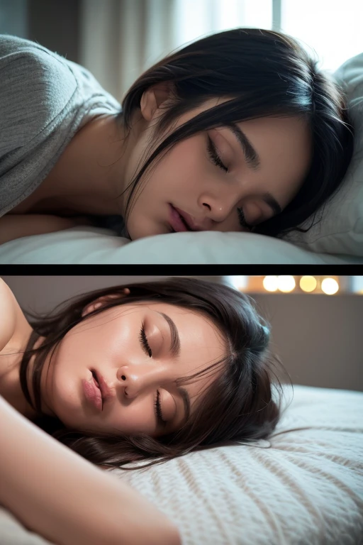 Imagine a beautiful naked young adult woman with brown hair, Beautiful and realistic face, that is in lingerie, big breasts, a lying sleep, opening your legs, sleeping face, Close ~ eyes,open your mouth,tired face,face of suffering,sky face,sleeping face,