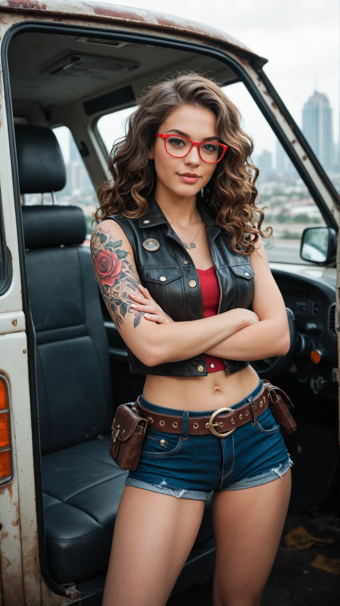 A confident young woman with long black wavy hair, wearing red glasses and a sleeveless brown cropped leather vest, stands in front of an old van in a post-apocalyptic cityscape with ruined buildings. Her arms are crossed, displaying full sleeve tattoos of flowers and portraits. She wears short denim shorts, a utility belt with a pouch, and has a calm, self-assured expression. The scene is cinematic and gritty, with a realistic, high-detail style, evoking themes of survival and resilience in a dystopian world.