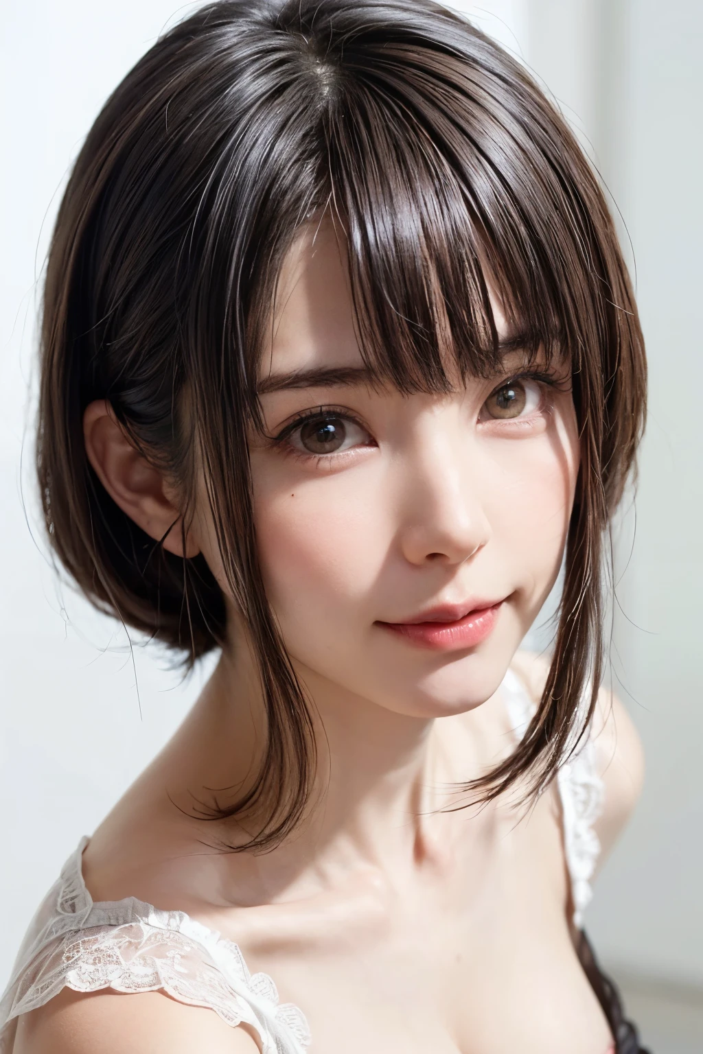highest quality, realistic, 8K, High resolution, 1 girl, woman, (skin dents), (portrait:0.6), nice, ((white background, naked, small breasts:1.65)), (short brown hair, parted bangs:1.4), looking at the viewer, (1 girl eyes looking at the viewer:1.6), realistic, (Bokeh), (closed mouth, smile:1.3), nice, Pueros face_V1:1,