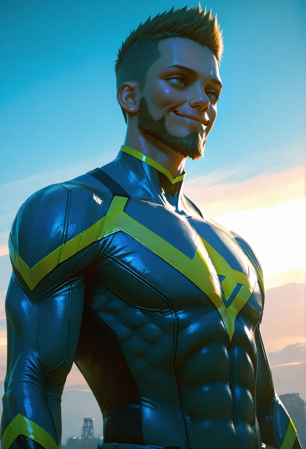 a muscular handsome man in a bodysuit,detailed face, detailed eyes,detailed lips,detailed costume,action pose,dynamic lighting,cinematic composition,highly detailed,masterpiece,photorealistic,4k,8k,HDR,studio lighting,physically-based rendering,vivid colors