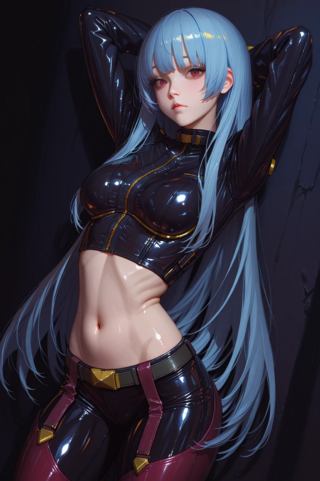 Young guy, long dark blue hair, amber eyes, elven ears, leather top, smile, open belly, open hands, masterpiece, high quality