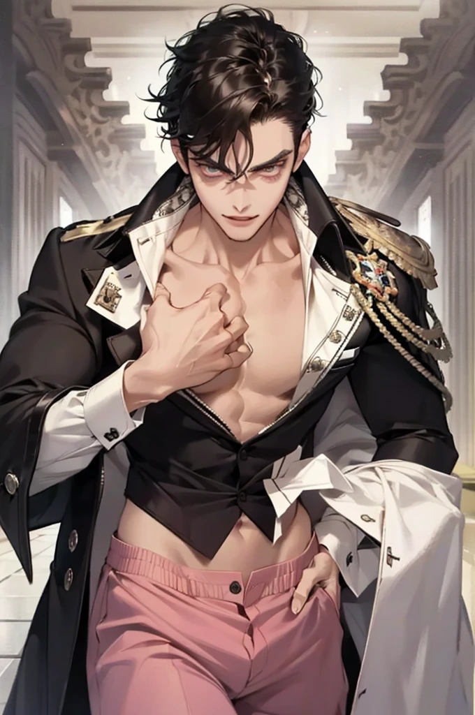 , dark skin, blue eyes,black hair, open shirt, prince, royal, throne, relax