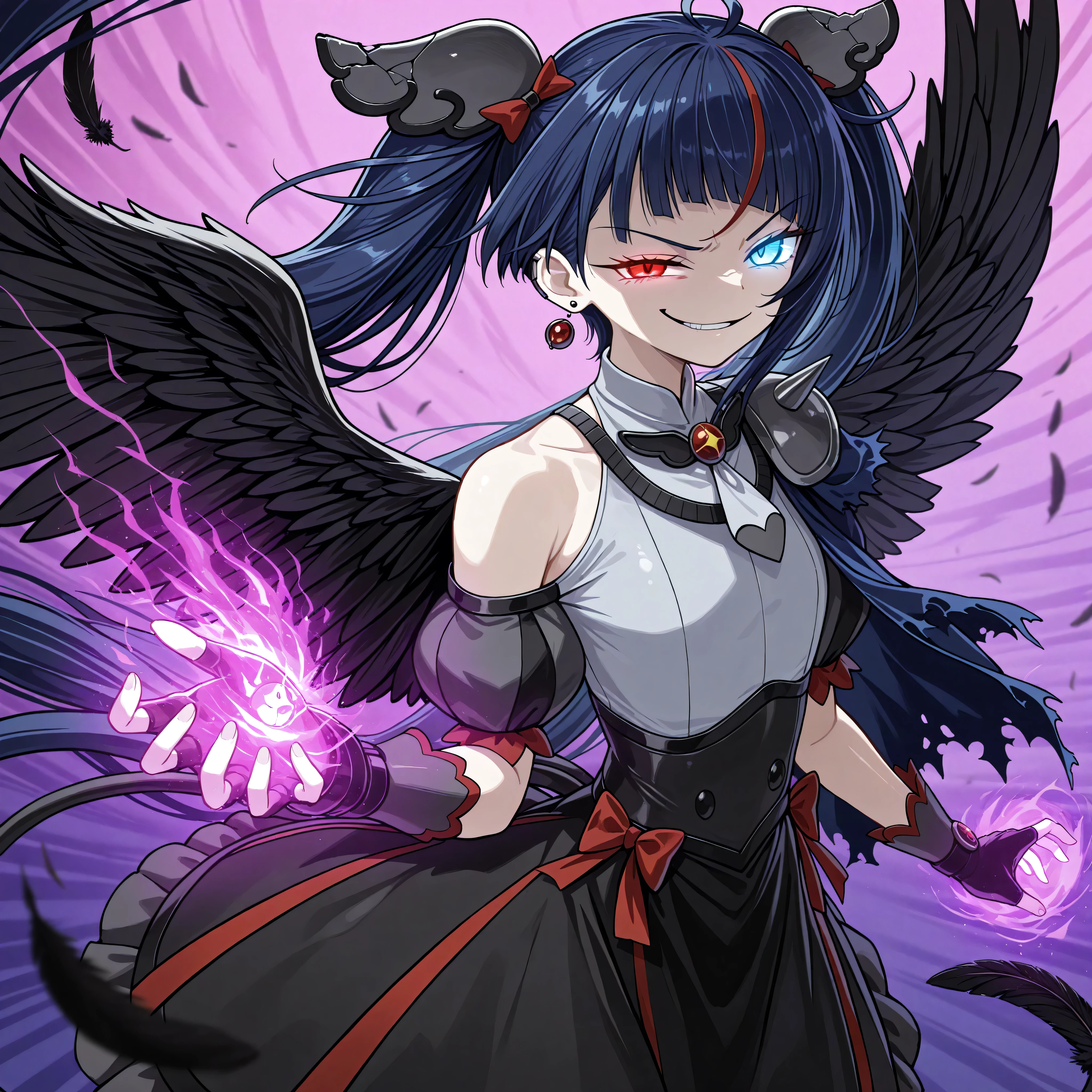 1 girl, Kresky Dark , general,
Broken Hair Ornament , earrings on one side,
brooch, Grey Dress, puff sleeve, Single Wings, bare shoulder, spike, torn cloak,
black fingerless gloves,
Black Skirt, red ribbon, black thighs, absolute region with to,
Flat chest, dark blue hair, twin-tail, Very Long Hair,
heterochromia, red eyes, blue eyes, Burning Eyes:1.35,
anger, open your mouth, watch viewers,
upper body:1.2, Dynamic angle, dynamic pose:1.1,
standing, Glowing Hands, open hand, Appeal to Viewers,, [attack, Line of Motion, speedline, wind, Floating Hair,
(evil smirk:1.5),
(abstract background, gradient background, Black Feather), blurry background,
masterpiece, Best Quality, great quality, newest
