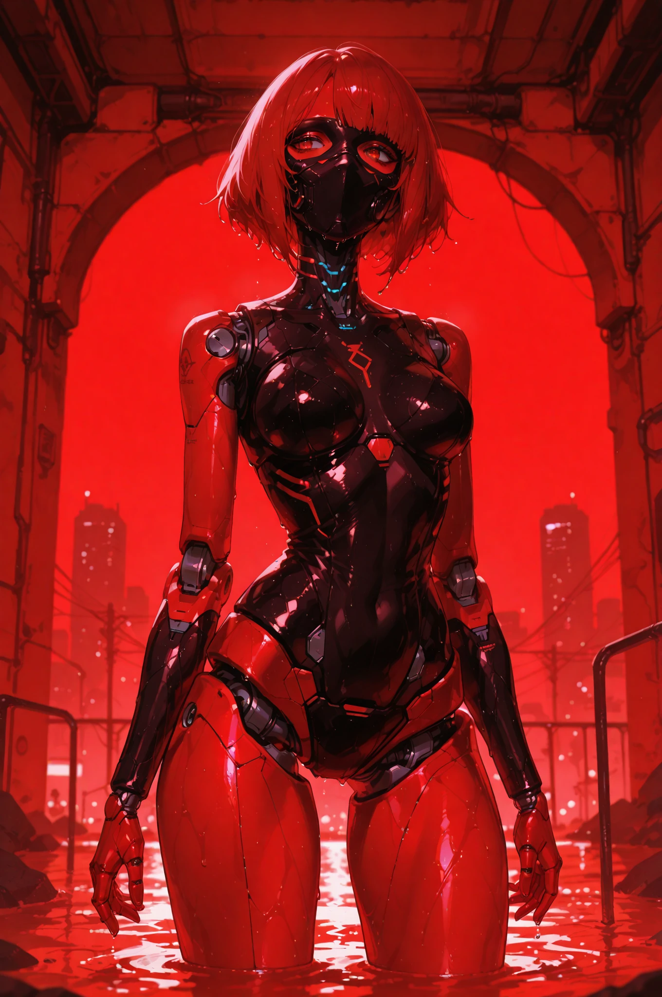 masterpiece, best quality, good quality, very aesthetic, absurdres, newest, 8K, depth of field, focused subject,
in the style of ckncore, 1girl, dark mask, solo, breasts, mask, joints, robot joints, cyborg, cyberpunk, wet, mechanical arms, red theme