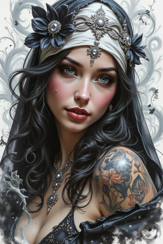 a European girl, long wavy black hair, brown eyes, beautiful tattoos, goth girl aesthetic, dark, slender curvy body, naked