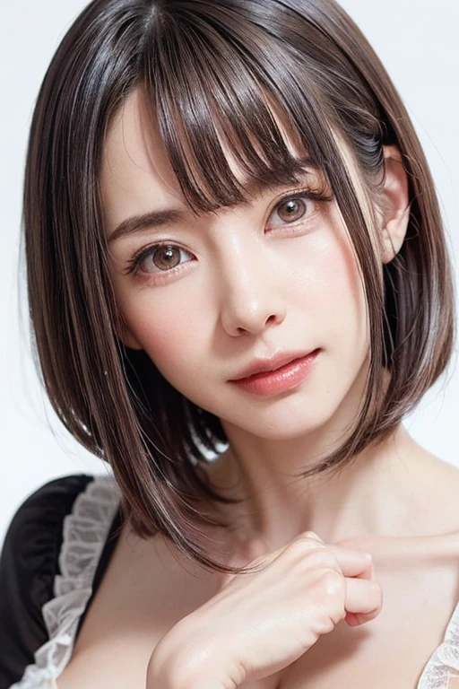 1 girl, alone, Shiny skin, chest, very detaileded, ultra detaileded, Ultra-high resolution, whole body, (Photorealism:1.4), (highest quality), (Best Shadow), Ulzzang-6500, detailed, Perfect lighting, Black Hair, ((Showpiece, highest quality, High precision)), One Girl, (big chest, Realistic: 1.4), (look up at the camera even a little, カメラをlook up, look up, look up at the camera, Looking into the camera))), alone, , White Background, snow-White Background, shut up., smile, pretty Black Hair, short hair:1.6, Big eyes, Transparent double eyelids, eyelash, listen, Long neck, Long neck, Absolute area, ((Face close-up, short hair with bangs)), 19 years old, Attractive proportions, Shiny skin, Beautiful clavicle, Golden ratio face, Perfect Face, Teardrop-shaped mole, chestのほくろ, bangs, clean bangs, beautiful bangs, Lip gloss, Thin lips, White skin, I took off my clothes, big chest, Small face, Small face, 少し上を向いてLooking into the camera, ((smile a little for the camera, really nothing pure White Background, Put out your ears、very big big chest, big chest))
