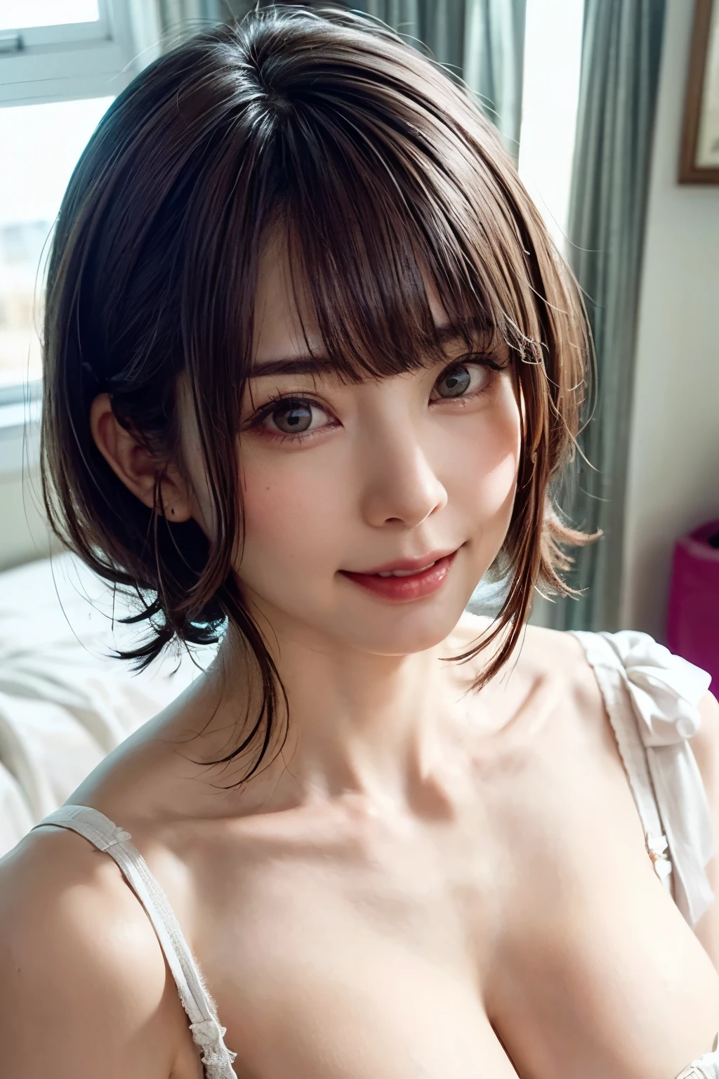 (8k, RAW photos,Best quality, High Resolution:1.1), (Hyperrealistic:1.4),(Realistic, Photorealistic:1.3), Soft light,Beautiful woman with perfect body:1.4、(Beauty with slender abs:1.4)、((Layered haircut, Big:1.8)), underage girl, , Big,Big eyes, highlights in pupils, clear double eyelids, eyelashes, realistic face, realistic body, realistic skin, absurdity, masterpiece, break, (whole body, misaligned bra, lying on bed on your back, from above, arms outstretched, smile, bed, disheveled underwear, rough breath, sexual expression invite),shiny skin, beautiful delicate face, sexy expression, coquettish smile, happy smile, gloss, cleavage, black hair, highly detailed face and skin texture, exposed shoulders, cute face,ulzzang-6500-v1.1