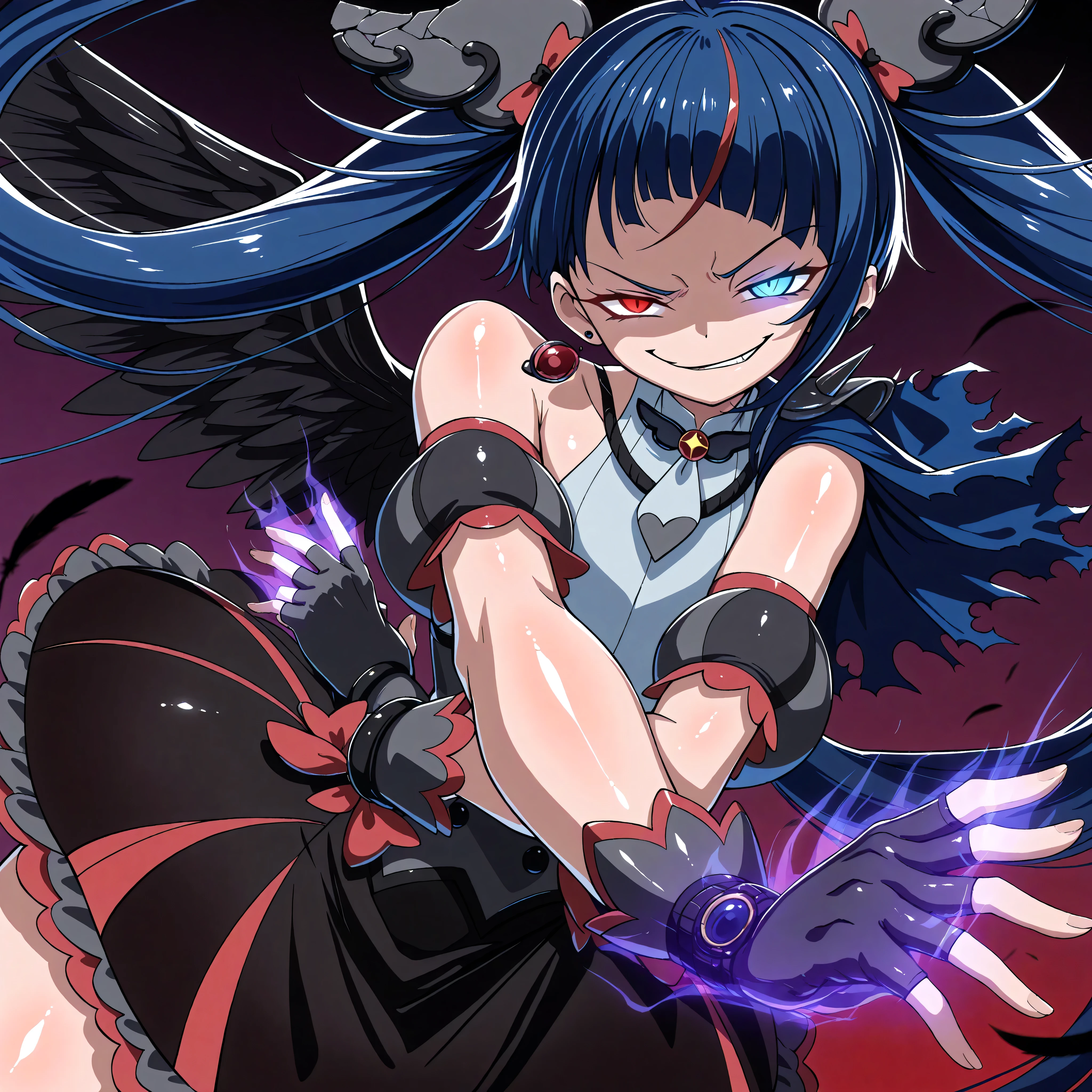 1 girl, Kresky Dark , general,
Broken Hair Ornament , earrings on one side,
brooch, Grey Dress, puff sleeve, Single Wings, bare shoulder, spike, torn cloak,
black fingerless gloves,
Black Skirt, red ribbon, black thighs, absolute region with to,
Flat chest, dark blue hair, twin-tail, Very Long Hair,
heterochromia, red eyes, blue eyes, Burning Eyes:1.35,
anger, open your mouth, watch viewers,
upper body:1.2, Dynamic angle, dynamic pose:1.1,
standing, Glowing Hands, open hand, Appeal to Viewers,, [attack, Line of Motion, speedline, wind, Floating Hair,
(evil smirk:1.9), (shiny skin:1.5),
(abstract background, gradient background, Black Feather), blurry background,
masterpiece, Best Quality, great quality, newest