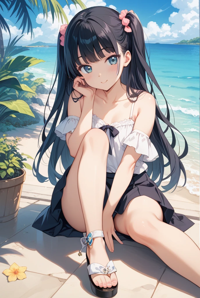 (masterpiece, best quality, ultra detailed), (perfect face, detailed face), (detailed background, complex background:1.2), full-face blush, (smile:1.2), looking at viewers,
<lora:Mogami:1> MogamiDef, black hair, long hair, blush, bangs, blue eyes, sidelocks, blunt bangs, see-through shirt, bikini under clothes, blue bikini, nail polish, parted lips, no legwear, full body, feet, barefoot, yor briar, foot focus, toes,
(outdoors, beach, palm tree, ocean) <lora:bikini_under_t_sthirt:1> <lora:HerrscherAGGA2023_Footwork_V3:0.5> <lora:worriedeyes_v200:0.8>